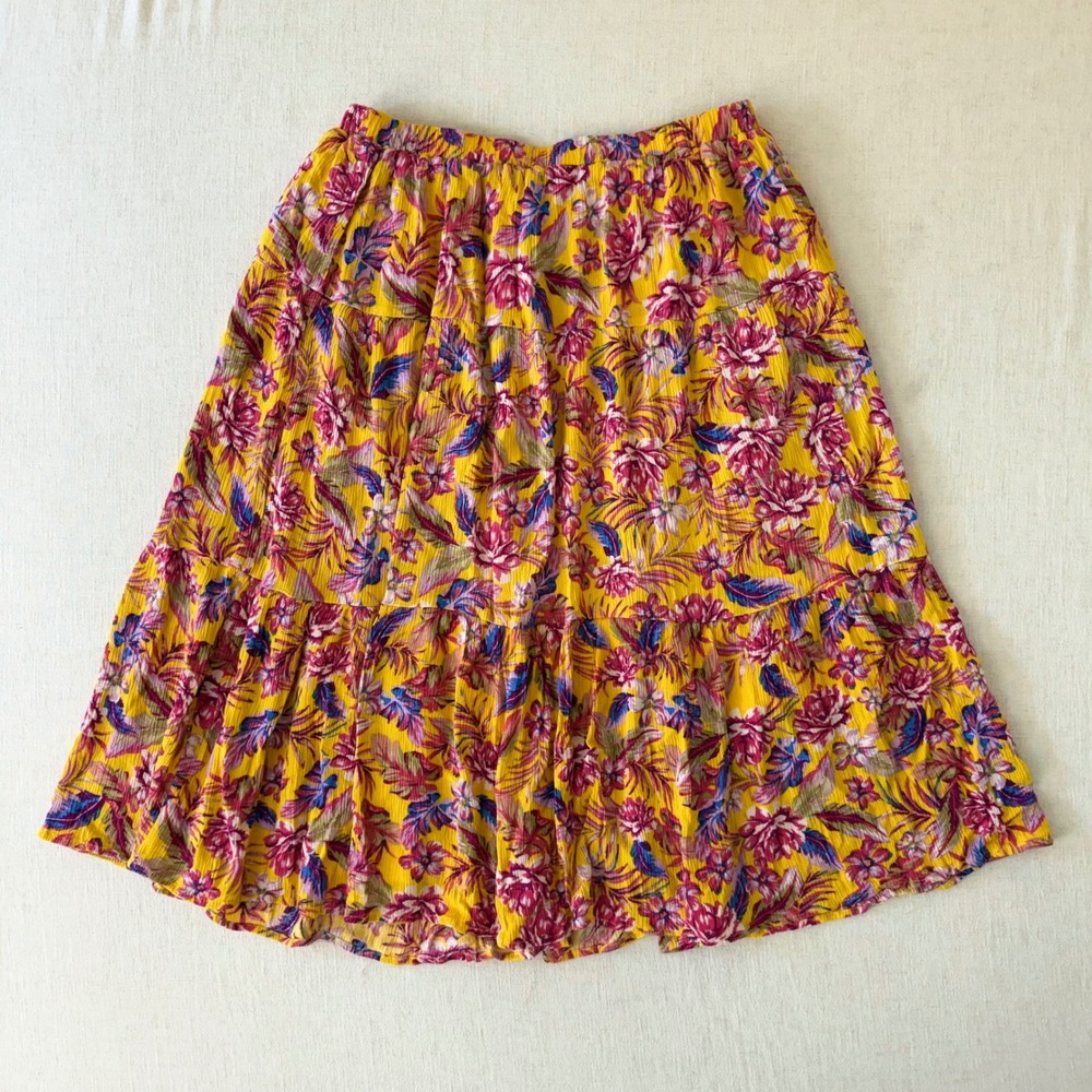 Fever Floral Tiered Midi Skirt Womens Medium Yellow Pink Tropical‎ Boho